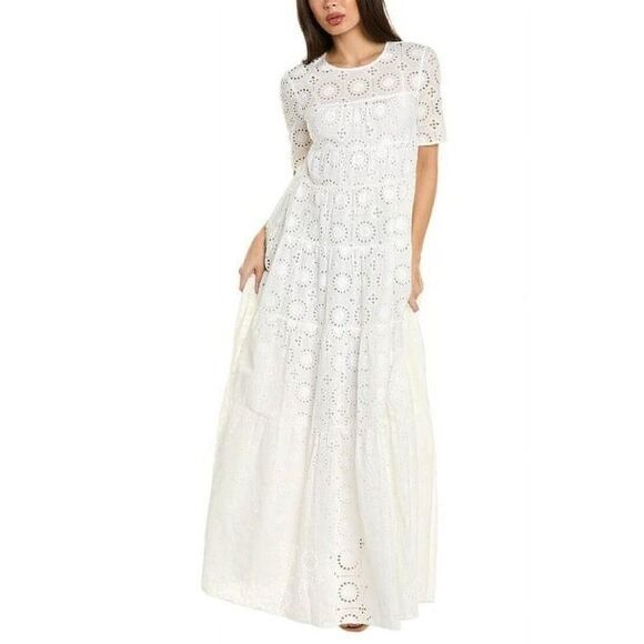 STAUD Women's White Hyacinth Eyelet Tiered Short Sleeve Maxi Dress Medium NWOT - Picture 1 of 12